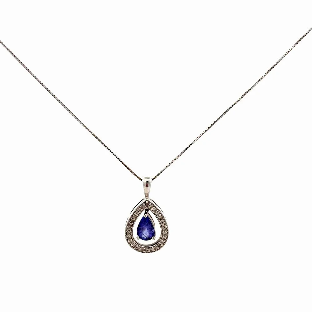 Designer RCI 14K White Gold Floating Tanzanite Pear Diamond Accent Halo Necklace